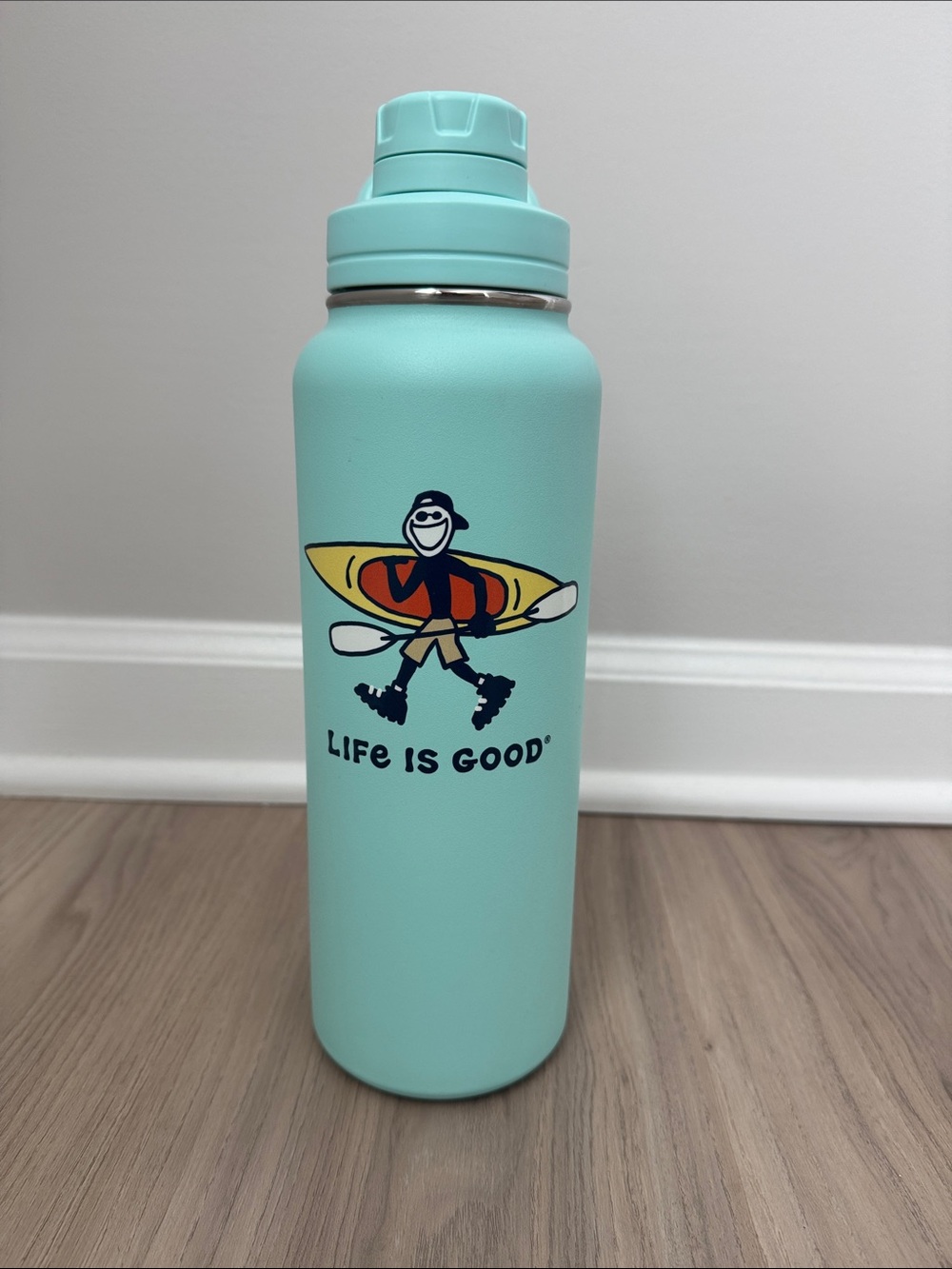 Life Is Good Mint 40oz Water Bottle with Handles and Kayak Graphic